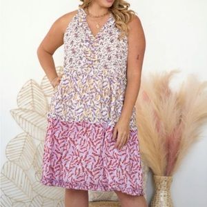 Print mixed sleeveless short dress with ruffle.